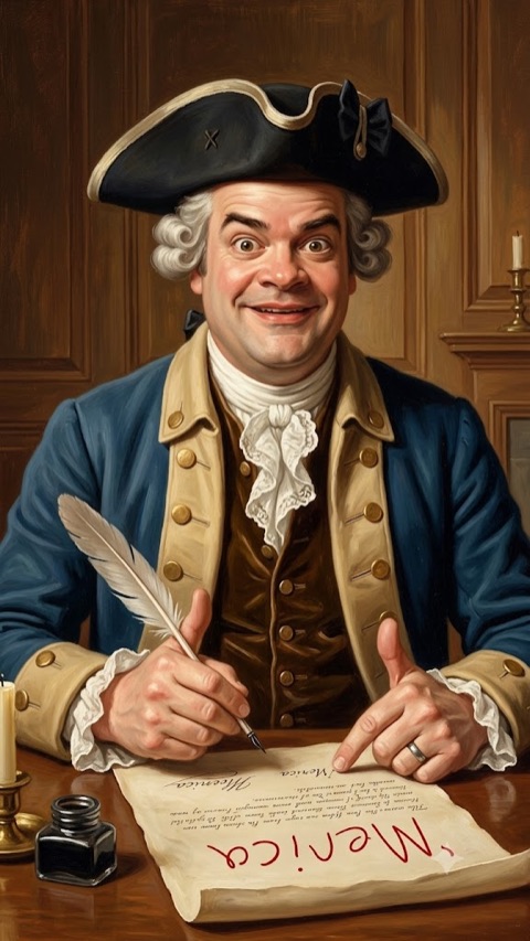 Oil painting of the candidate as a founding father: tricorn hat, powdered curls, quill in hand, mid-signature on a parchment reading 'Merica
